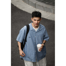 Japanese retro striped short sleeved shirt for men's cityboy