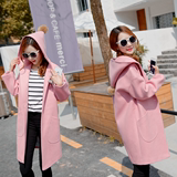 韩版学生连帽时尚毛球毛呢外套粉色呢子大衣