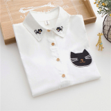 秋季新款小清新黑猫刺绣修身长袖纯白衬衣