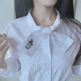 可爱蝴蝶结棉麻卡通刺绣小清新长袖衬衫学生