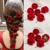 韩式新娘盘发饰品红色头花发夹边夹发卡花朵