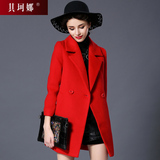 大红色羊毛大衣秋冬中长款双排扣厚毛呢外套