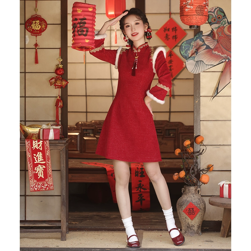 Épaisseur en duvet rouge 2024 nouvel an costume d'anniversaire adulte chinois drapeau robe automne h...