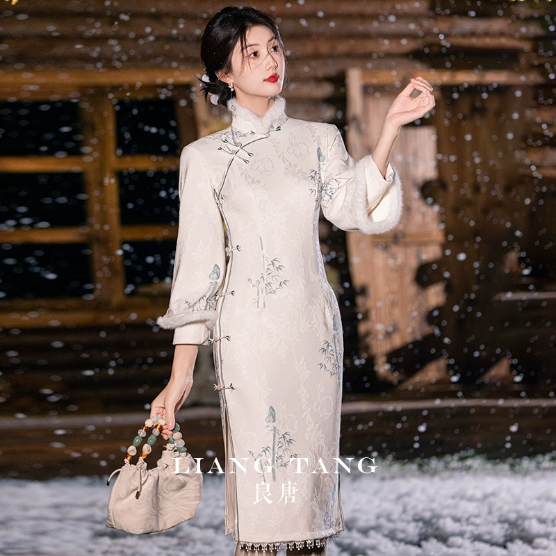 Nouveau Chinese flag woman Improved small Winter épaississement chaud Daily Vintage Bamboo Leaf jeun...