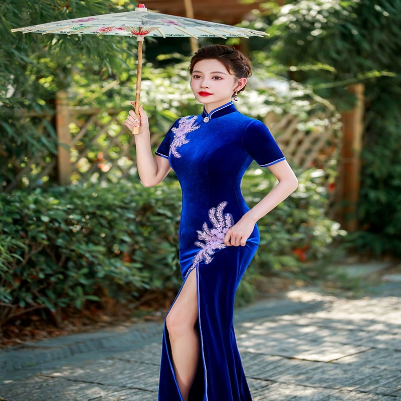 Robe de drapeau en velours d'or 2023 nouvelle élégance jeune tempérament haut de gamme costume de pe...