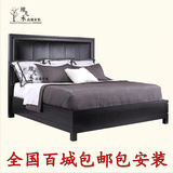 双人床 储物床 黑色实木床 真皮靠背婚床床