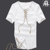 夏季男装亚麻圆领修身半袖纯色中国风短袖