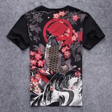 中国风刺绣鲤鱼短袖T恤 纹身男女情侣  薄款