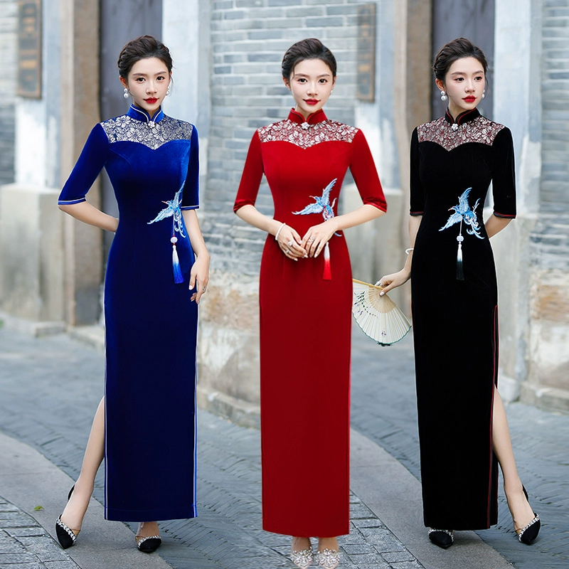 Robe de drapeau en velours d'or 2024 nouveau défilé haut de gamme performance de scène grande taille...
