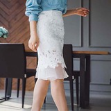 秋装新款韩版修身鱼尾蕾丝白色包臀裙