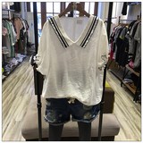 2016夏季新款韩版花边袖子针织领V领白衬衫