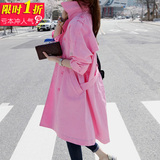 新款中长款女装风衣外套双排扣粉色宽松版