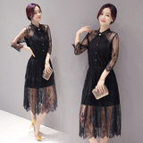 2016春秋女装韩版中长款修身显瘦黑色蕾