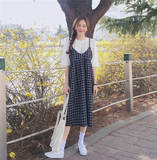 韩版学院风小清新V领吊带连衣裙格子背带裙