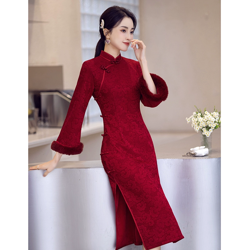 Robe de drapeau rouge hiver plus velours épaississement mère noble robe de mariage mariage mariage m...