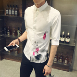 韩版潮印花男士七分袖发型师衬衫修身中袖衣
