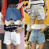 韩版不规则新款女高腰夏季瘦牛仔波浪边短裤
