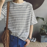 圆领男士麻棉短袖T恤韩版简约条纹打底衫