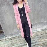 新款韩版修身粉色薄针织衫 中长款毛衣外套