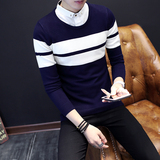 男士毛衣韩版修身青少年假两件衬衫领针织衫