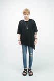韩国蝙蝠袖镂空破洞宽松潮版质感纯色男T恤
