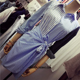 夏季韩版女装条纹格子拼接中长款时尚衬衣