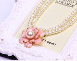韩国粉色春夏短款锁骨珍珠花朵项链吊坠配饰