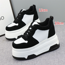 12cm invisible inner height small white shoes, women's genuine leather black and white panda shoes, small stature 10cm thick sole casual board shoes
