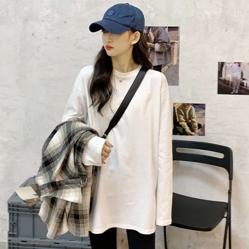 白色长袖t恤女宽松内搭叠穿卫衣中长款加绒上衣春秋装打底衫