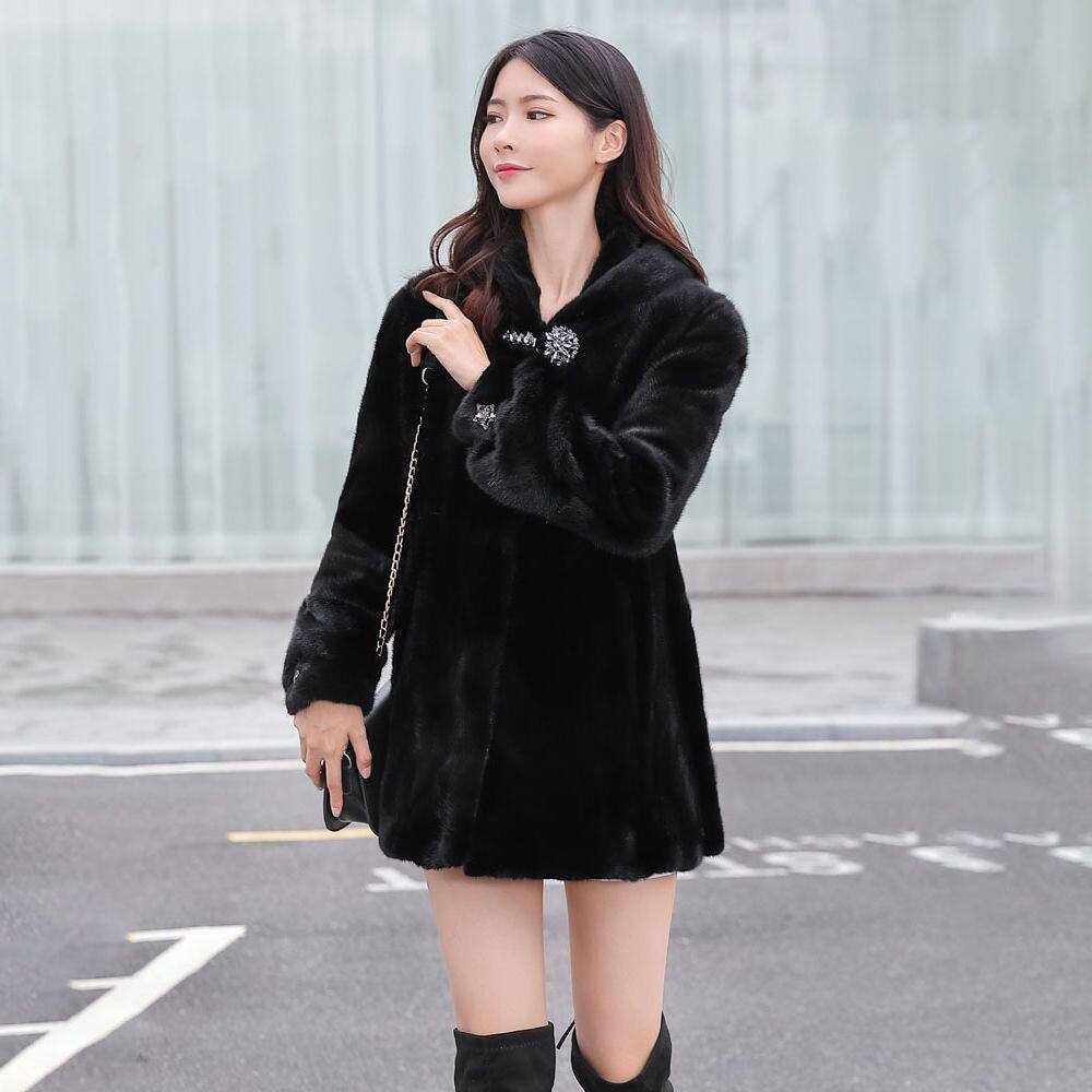 水貂海宁中长款带帽貂皮大衣女整貂五浪尾仿欧洲站皮草裘皮长外套
