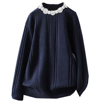 ດູໃບໄມ້ລົ່ນແລະລະດູຫນາວບວກກັບຂະຫນາດວ່າງຂອງແມ່ຍິງ bottoming lace ຫວານ splicing pullover sweater ຄໍຮອບສັ້ນ sweater ເປັນຮູສໍາລັບແມ່ຍິງ