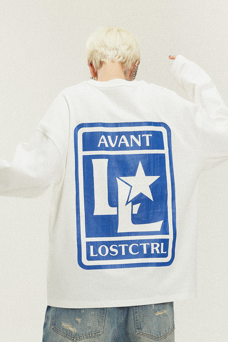 LOSTCTRL「双L印花」T恤男长袖秋季宽松美式复古打底衫上衣国潮