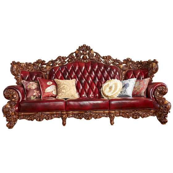 European-style genuine leather sofa, high-end solid wood carved living room leather sofa combination, European-style residential furniture
European-style genuine leather sofa, high-end solid wood carved living room leather sofa combination, European-style residential furniture