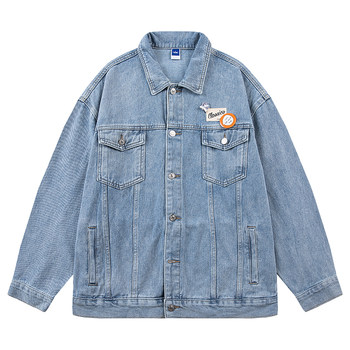 Tu Xiansen Spring and Autumn Japanese Retro Badge Label Washed Denim Jacket Men's Loose Lapel Casual Jacket