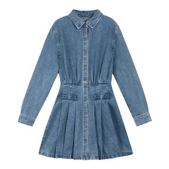 pusumede ສີຟ້າ denim dress ແມ່ຍິງເສື້ອໃຫມ່ skirt skirt ແອວສັ້ນ pleated skirt niche temperament skirt