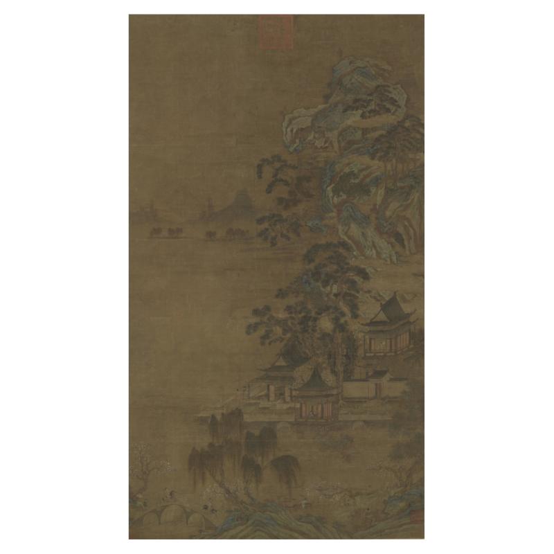 唐代 李昭道湖亭游骑图青绿山水画微喷复制画装饰临摹学习画稿