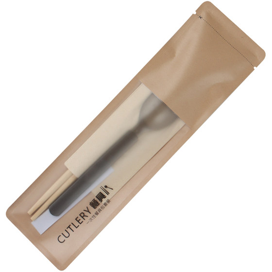 Disposable chopstick four piece set, high-end American spoon, kraft paper, four sided sealing, business and household tableware, takeaway packaging Disposable chopstick four piece set, high-end American spoon, kraft paper, four sided sealing, business and household tableware, takeaway packaging