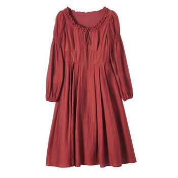 Xiangying Burgundy Dress ແມ່ຍິງ 2024 ພາກຮຽນ spring ໃຫມ່ຝຣັ່ງ Retro Pleated ແອວສູງ lace Round Neck ສິ້ນກະໂປງແຂນຍາວ