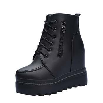ເກີບເກີບສົ້ນສັ້ນສົ້ນຕີນໜາສຳລັບຜູ້ຍິງໃນລະດູໃບໄມ້ປົ່ງແລະລະດູຫນາວ 12CM super high-heeled waterproof platform cotton boots black inner heightening Martin boots platform shoes