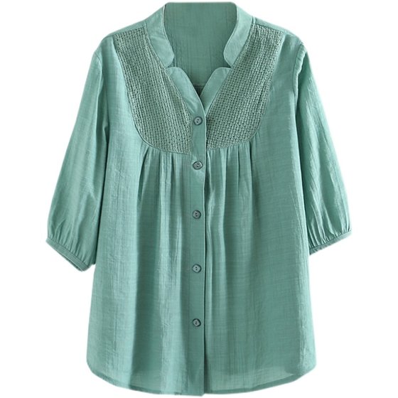 Middle -aged and elderly women's middle -sleeved cardigan cotton and linen shirt plus weight loose mother V -neck t -shirt linen top Middle -aged and elderly women's middle -sleeved cardigan cotton and linen shirt plus weight loose mother V -neck t -shirt linen top