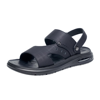 Aokang Sandals 2024 Summer New Air Cushion Men's Sandals ຫນັງແທ້ Casual ເກີບຫາດຊາຍເກີບແຕະສອງຈຸດປະສົງ