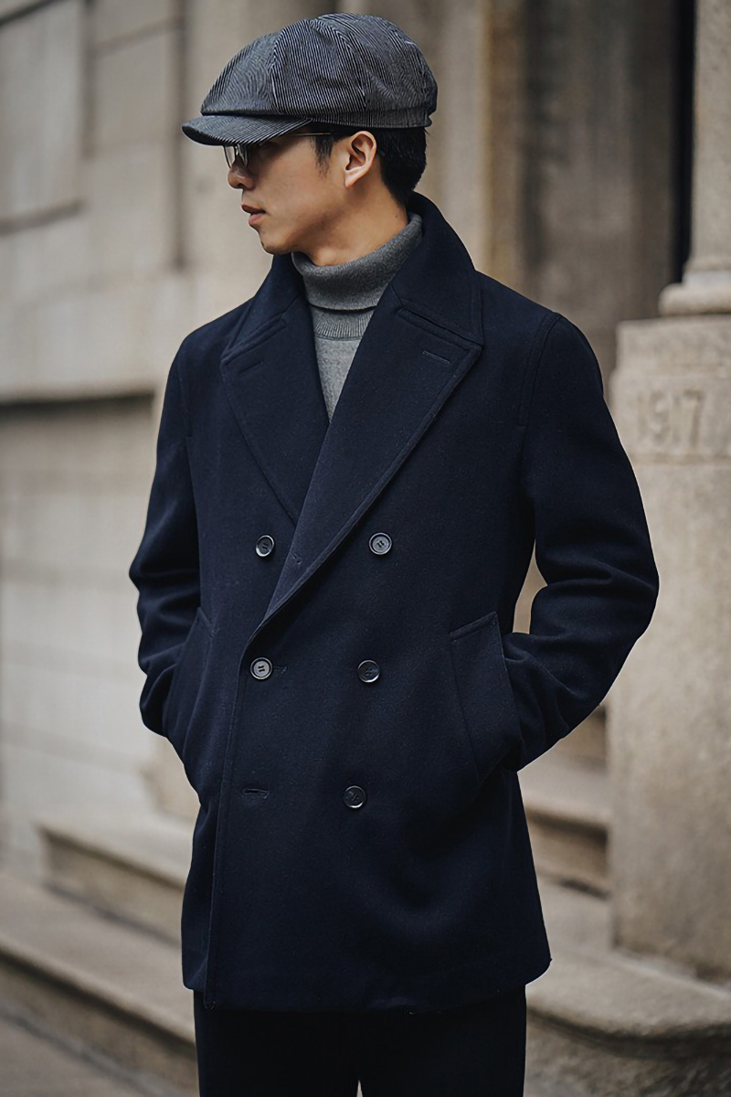经典复古pea coat 呢大衣秋冬双排扣修身加厚羊毛呢740外套男