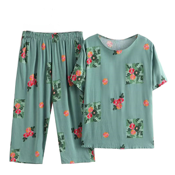 Fat Mom Cotton Silk Set Short sleeved T-shirt with cropped pants and extra fat size 200 * 0.5kg Grandma's middle-aged and elderly women's pants Fat Mom Cotton Silk Set Short sleeved T-shirt with cropped pants and extra fat size 200 * 0.5kg Grandma's middle-aged and elderly women's pants