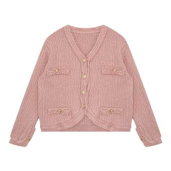 Lu Xiao Tuantuan ນໍ້າຫອມນ້ອຍ retro ຄໍ V-neck sweater cardigan 2024 ພາກຮຽນ spring ໃຫມ່ແບບເກົາຫຼີ knitted ເທິງຂອງຝຣັ່ງ