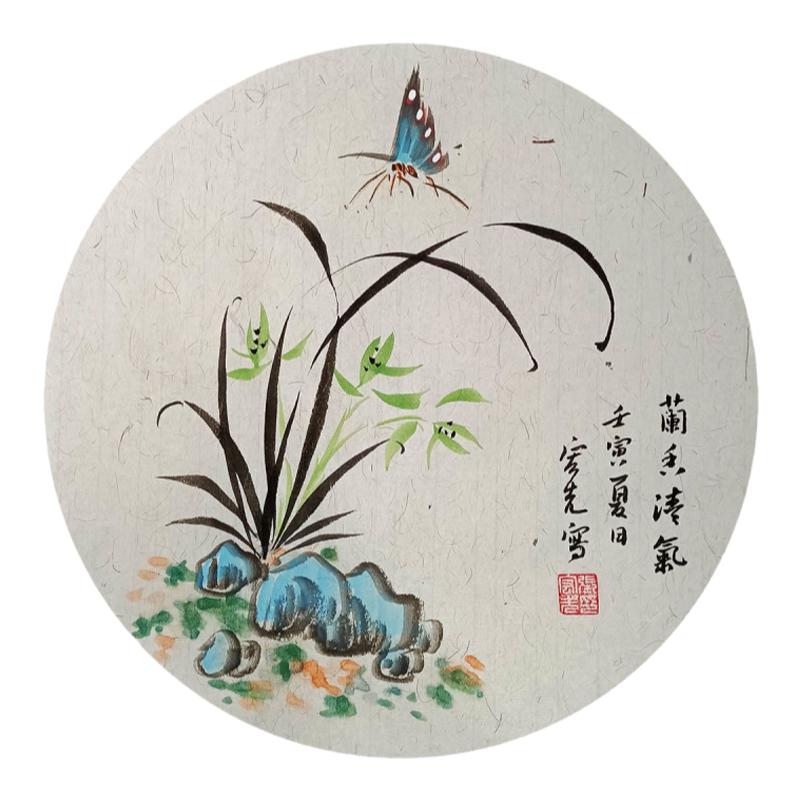 28直径团扇张宏先花鸟画兰花纯手绘原创真迹国画玄关房间客厅挂画