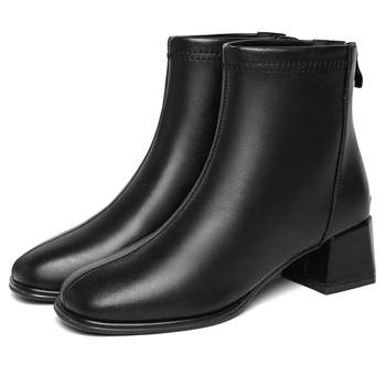 ເກີບຫນັງແທ້ Tina Belle Square Toe Martin ເກີບເກີບສົ້ນຕີນຫນາຂອງແມ່ຍິງ 2023 ດູໃບໄມ້ລົ່ນແລະລະດູຫນາວໃຫມ່ Soft Soled Naked Boots Slim Boots