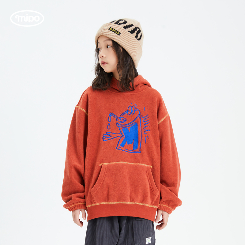 mipo AW23冬装 儿童摇粒绒卫衣男连帽2023新款女童上衣宽松加厚