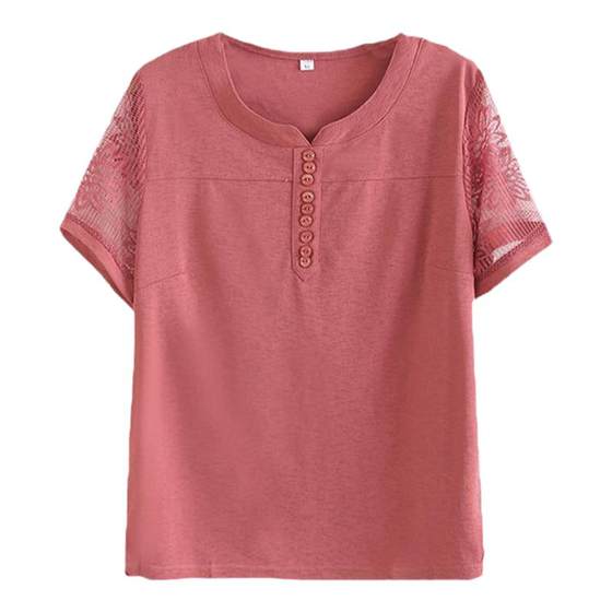 Summer new middle -aged and elderly lace short -sleeved bottoming shirt top, big size foreign mothers, thin elastic T -shirt women Summer new middle -aged and elderly lace short -sleeved bottoming shirt top, big size foreign mothers, thin elastic T -shirt women