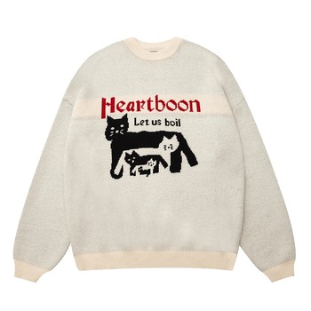 HeartBoon Spring Fun Cat Lazy Style Round Neck Pullover Sweater for Men Loose Couple Knitted Sweater for Women trendy