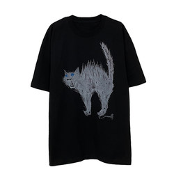 Weilang's shop American retro fried cat short-sleeved T-shirt men's loose design niche tops and T-shirts for couples